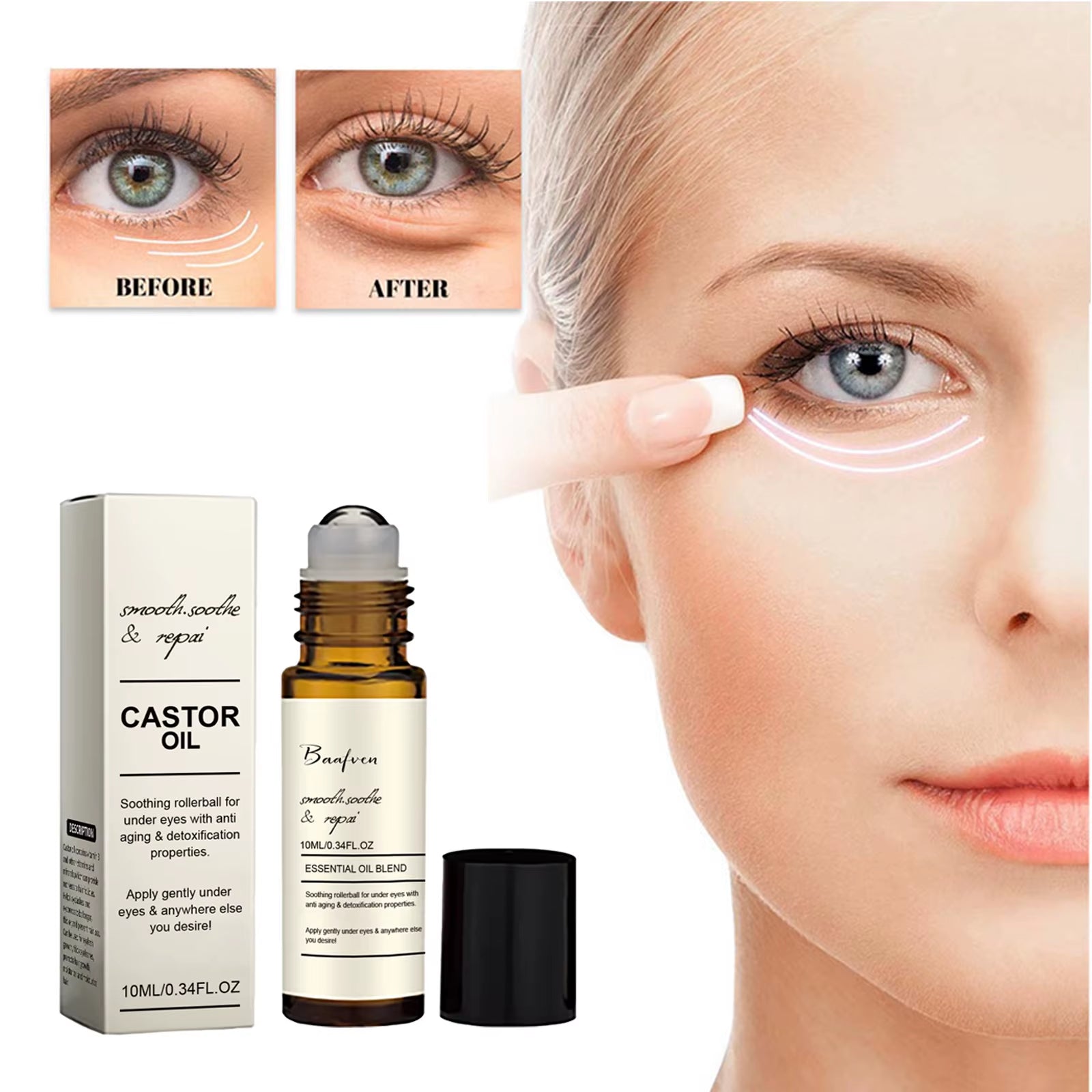 Castor Oil Eye Serum Anti-Wrinkle Remove Dark Circles Eye Bags Anti-Puffiness Lift Firm Ball Massage Moisturize Nourish Eye Care
