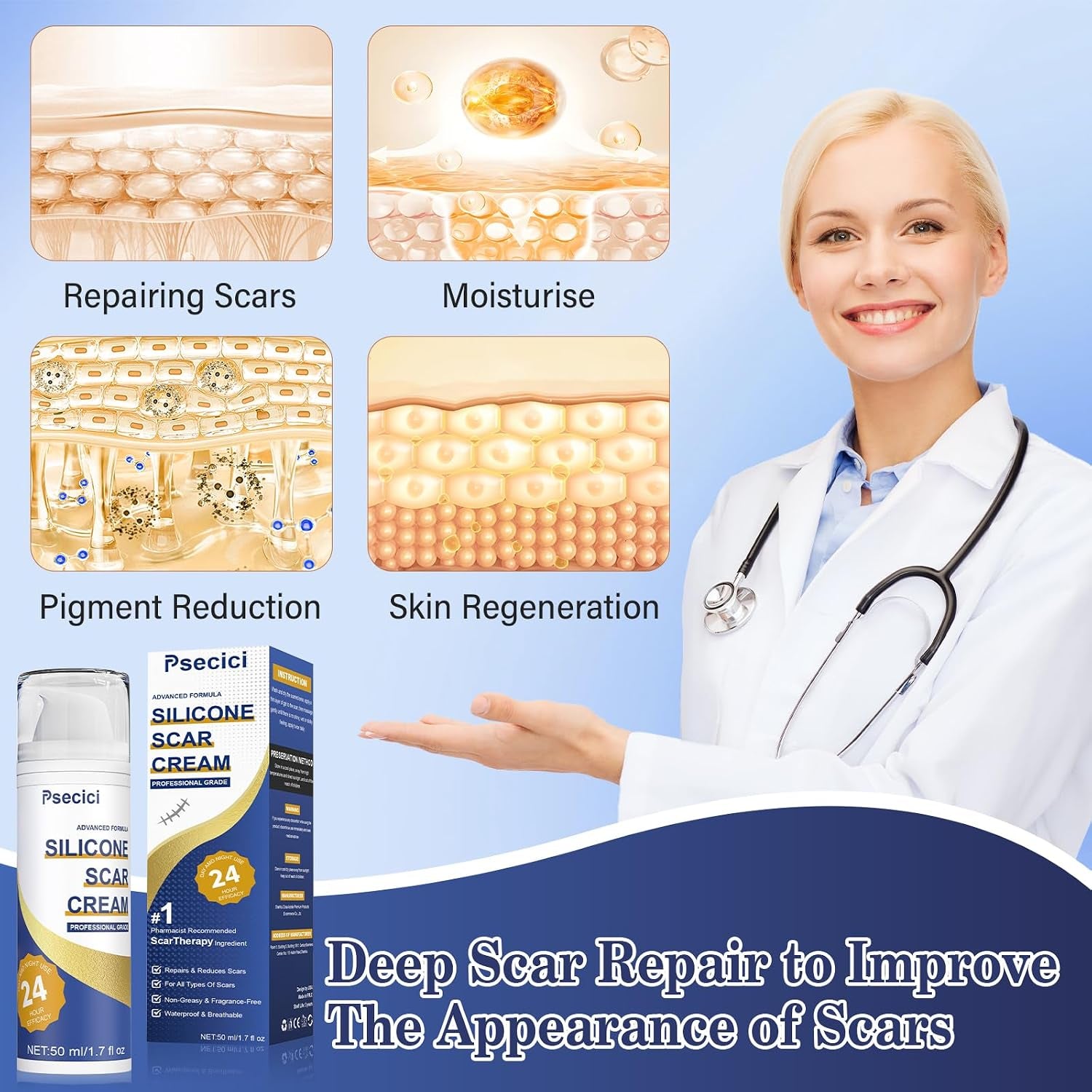 Scar Cream,Advanced Scar Gel,Silicone Scar Gel,Scar Removal Cream for Surgical Scars,Burn,Acne,Stretch Mark,Keloid Bump,C Section Scars 1.7 Oz(50G), Blue