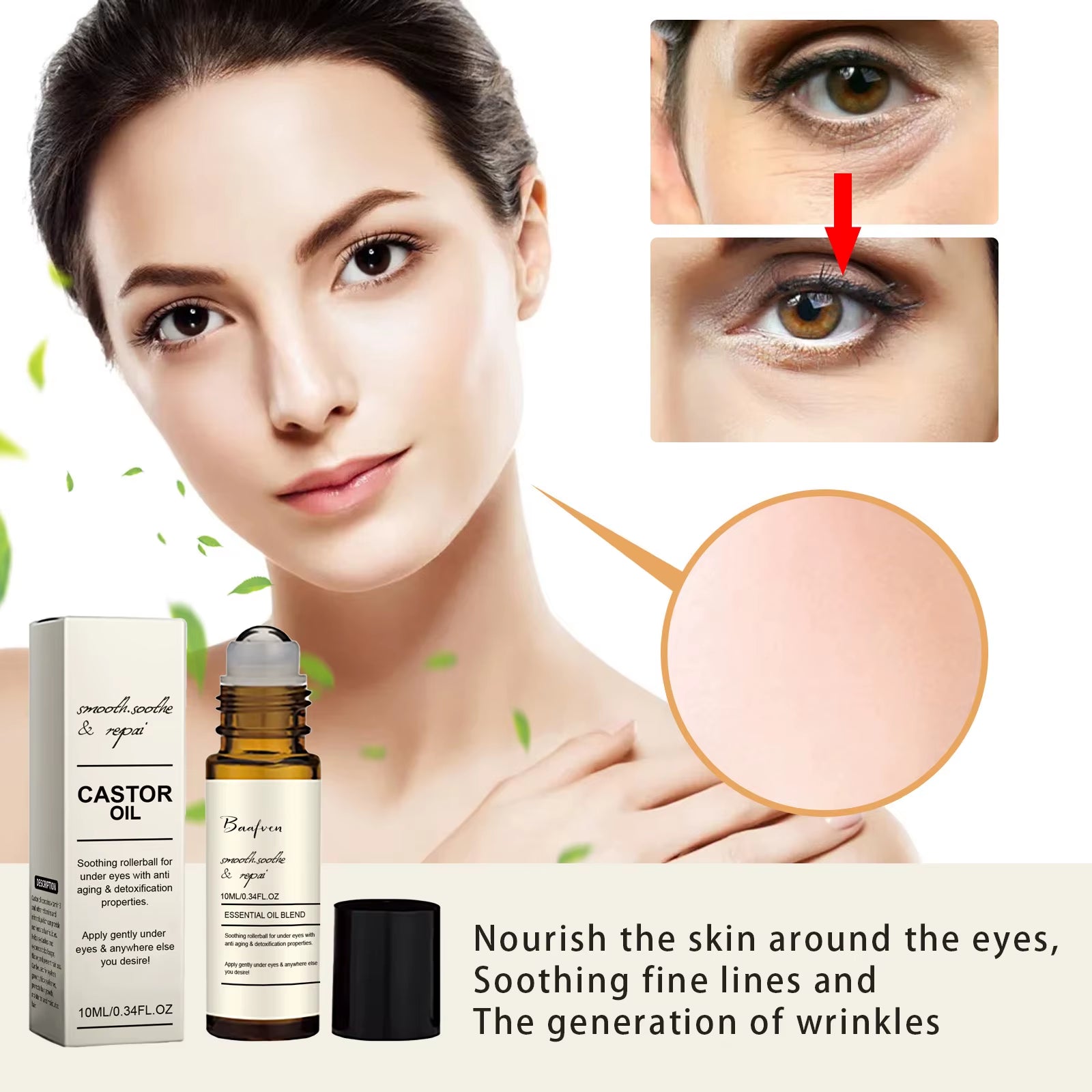 Castor Oil Eye Serum Anti-Wrinkle Remove Dark Circles Eye Bags Anti-Puffiness Lift Firm Ball Massage Moisturize Nourish Eye Care