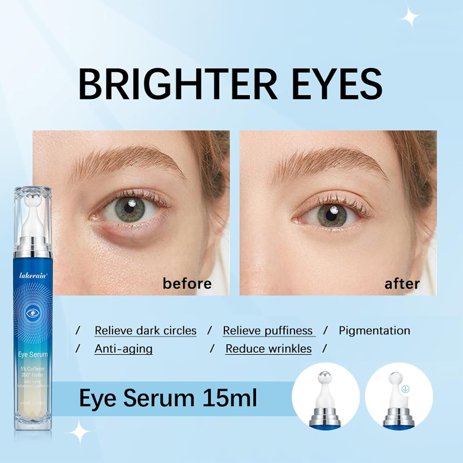 5% Caffeine Eye Serum with 360° Massage Roller Serum for Dark Circles & Relieve Puffiness, Reduce Wrinkles and Fine Lines, Bags, Tighten Lifting under Eye Cream-0.5 OZ