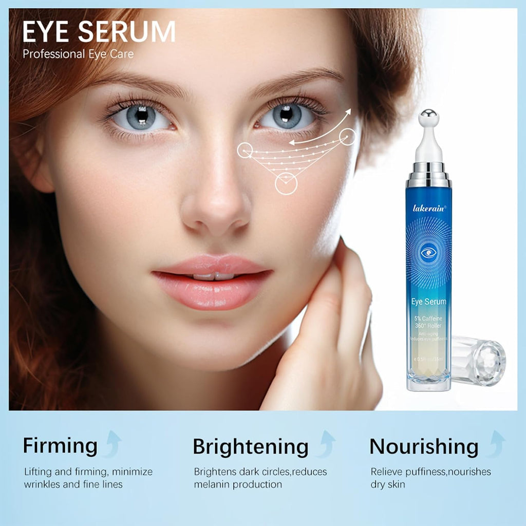 5% Caffeine Eye Serum with 360° Massage Roller Serum for Dark Circles & Relieve Puffiness, Reduce Wrinkles and Fine Lines, Bags, Tighten Lifting under Eye Cream-0.5 OZ