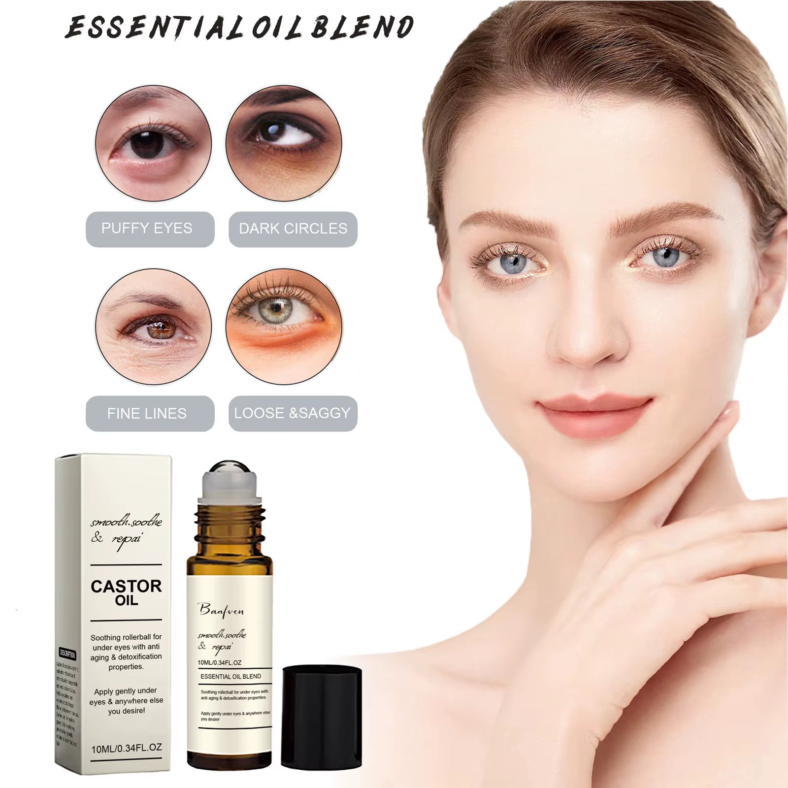 Castor Oil Eye Serum Anti-Wrinkle Remove Dark Circles Eye Bags Anti-Puffiness Lift Firm Ball Massage Moisturize Nourish Eye Care