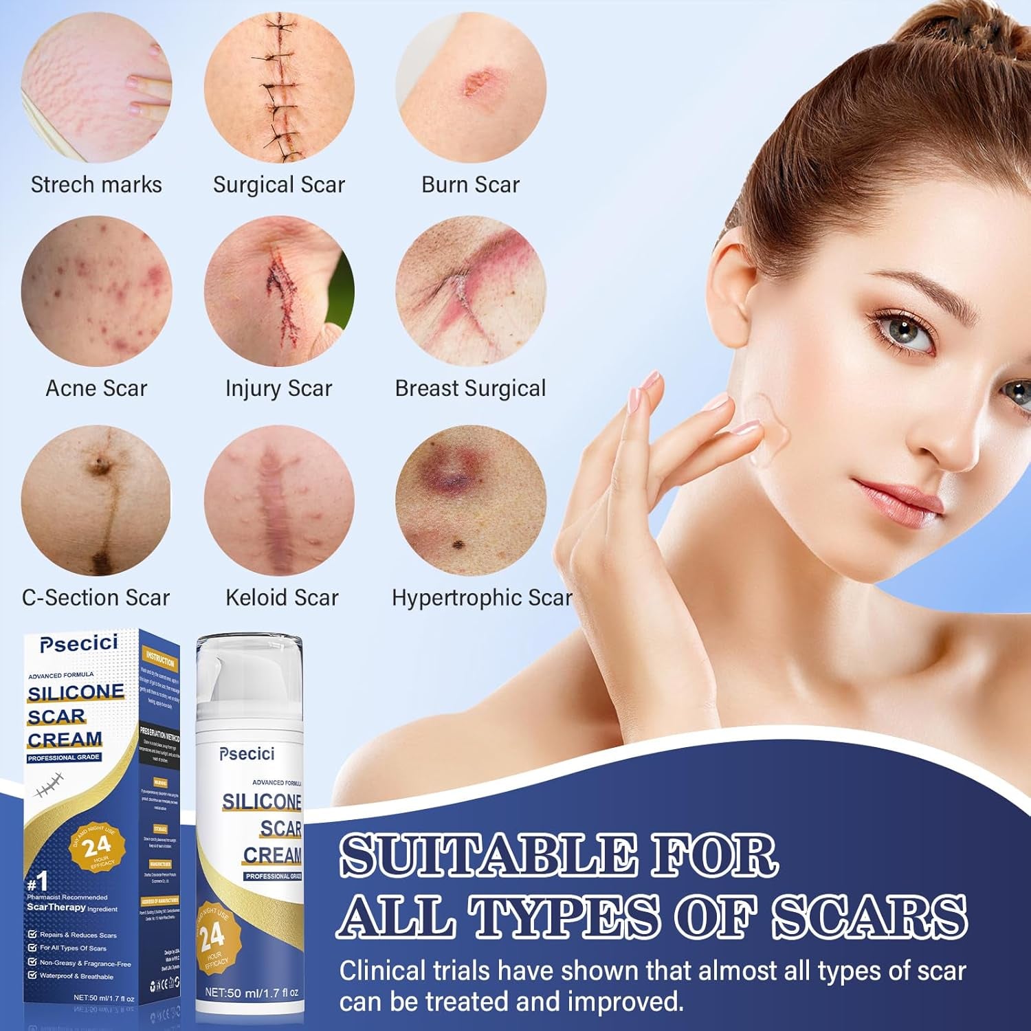 Scar Cream,Advanced Scar Gel,Silicone Scar Gel,Scar Removal Cream for Surgical Scars,Burn,Acne,Stretch Mark,Keloid Bump,C Section Scars 1.7 Oz(50G), Blue