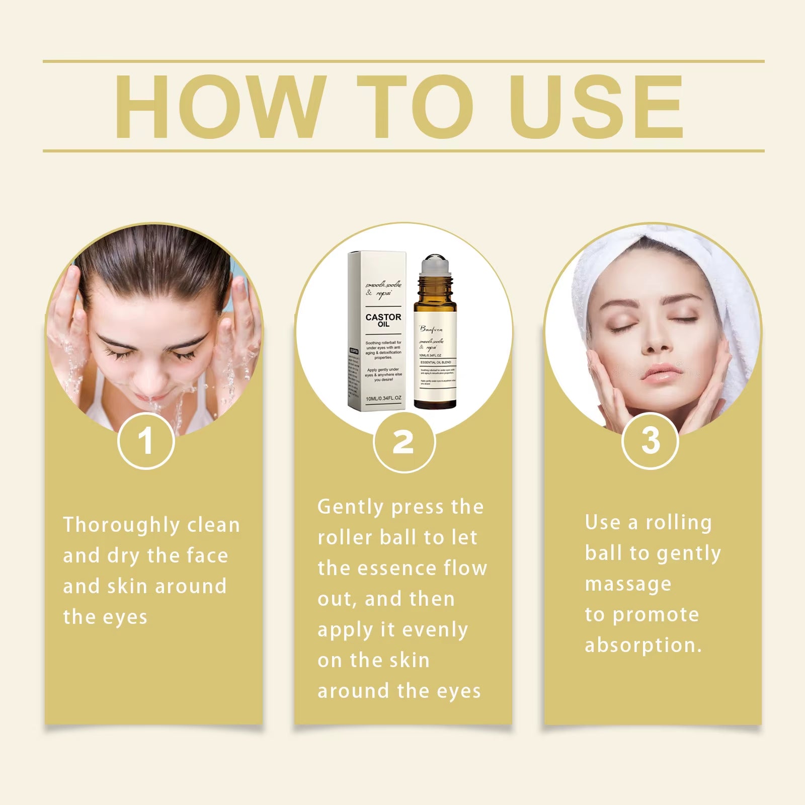 Castor Oil Eye Serum Anti-Wrinkle Remove Dark Circles Eye Bags Anti-Puffiness Lift Firm Ball Massage Moisturize Nourish Eye Care