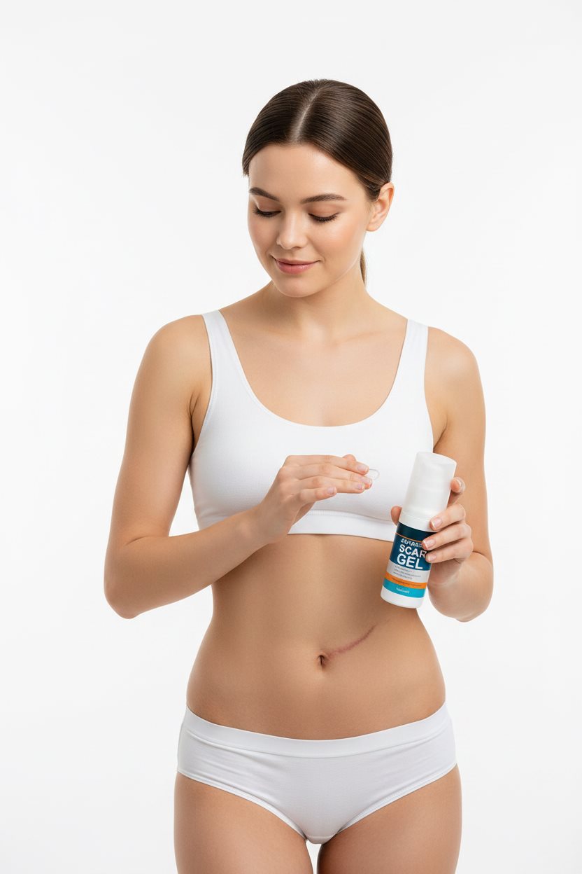 Woman applying Frunema scar gel to a C-section scar