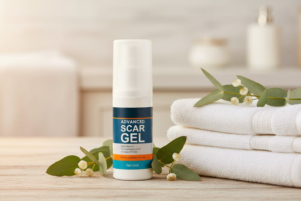 Frunema scar gel on a bathroom shelf with towels