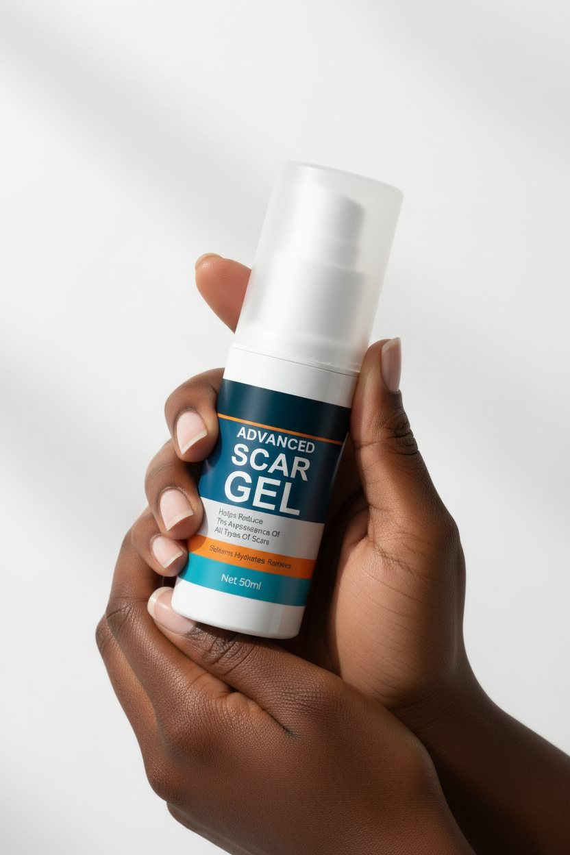 Hand holding the 50 ml Frunema Advanced Scar Gel bottle