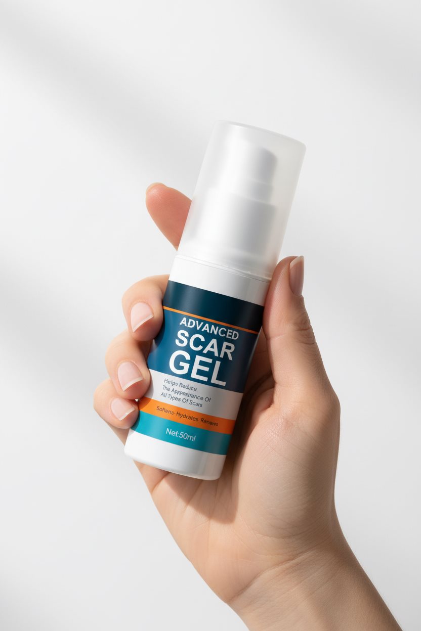 Frunema Advanced Scar Gel bottle held in one hand, showing its size