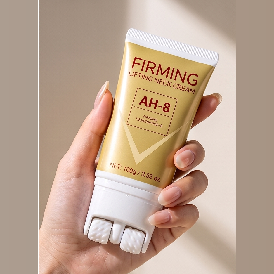 Neck firming roller cream held in one hand